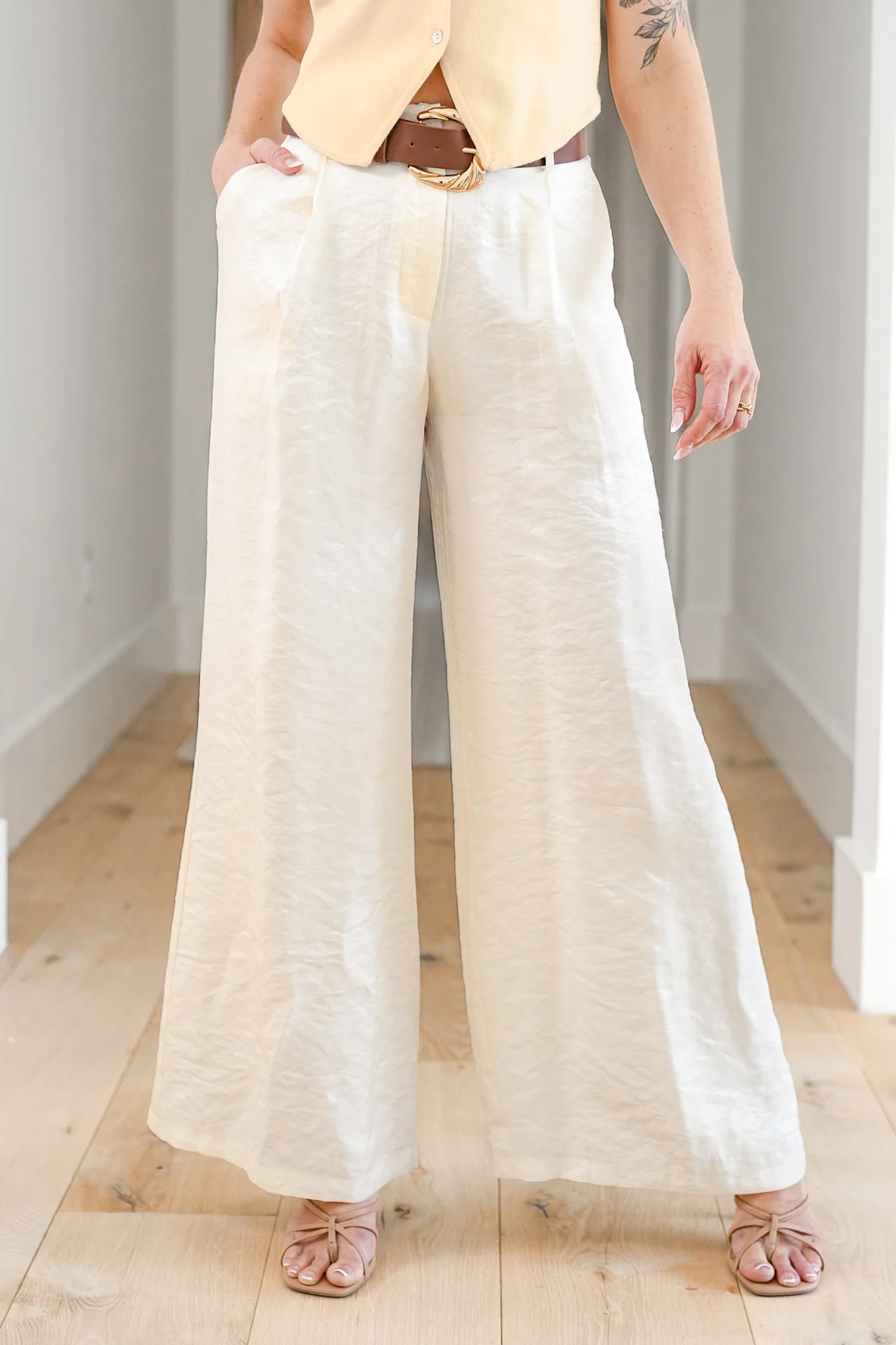 Satin Pleated Wide Leg Pants with Belt - Image 3