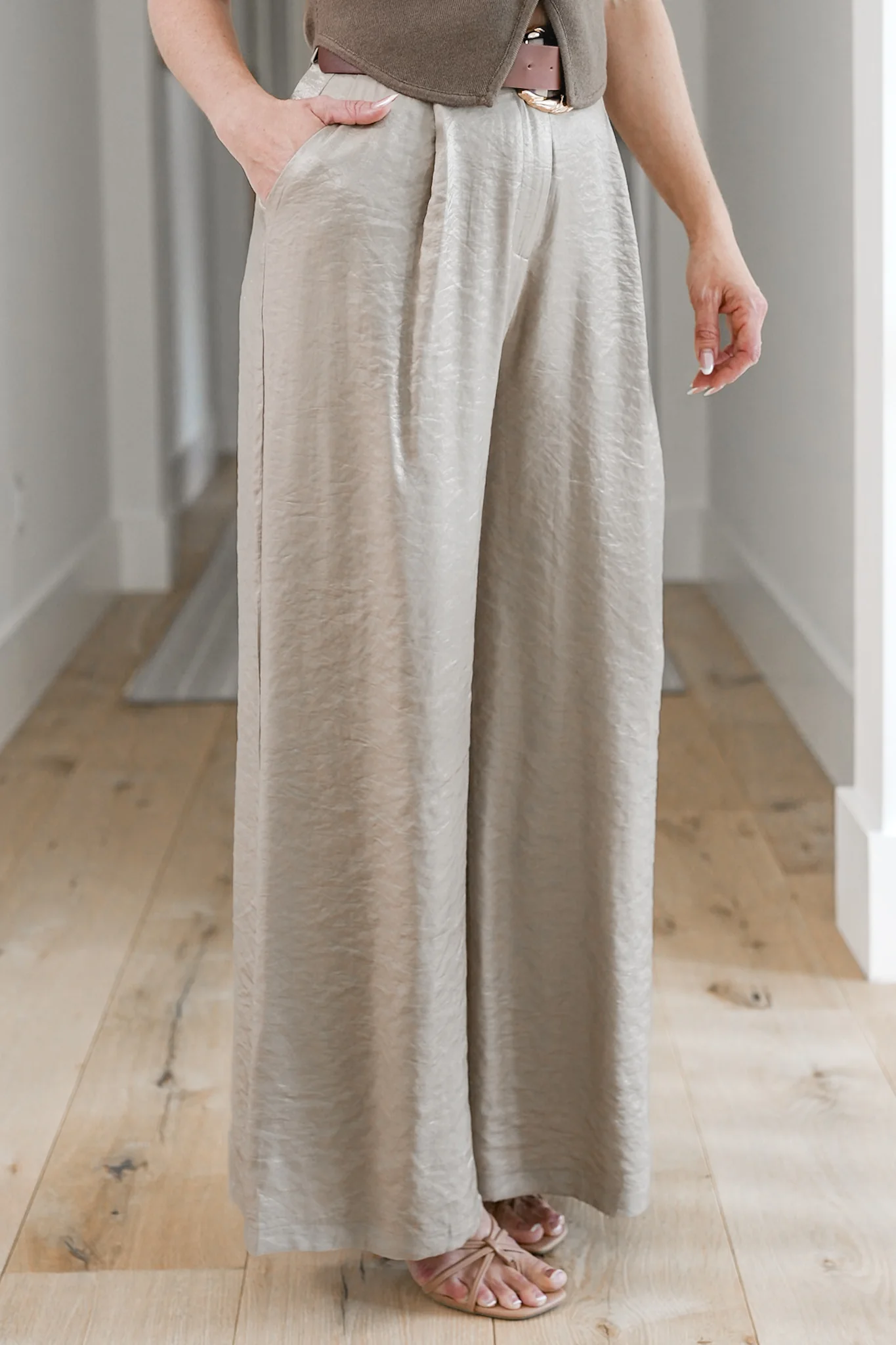Satin Pleated Wide Leg Pants with Belt - Image 7