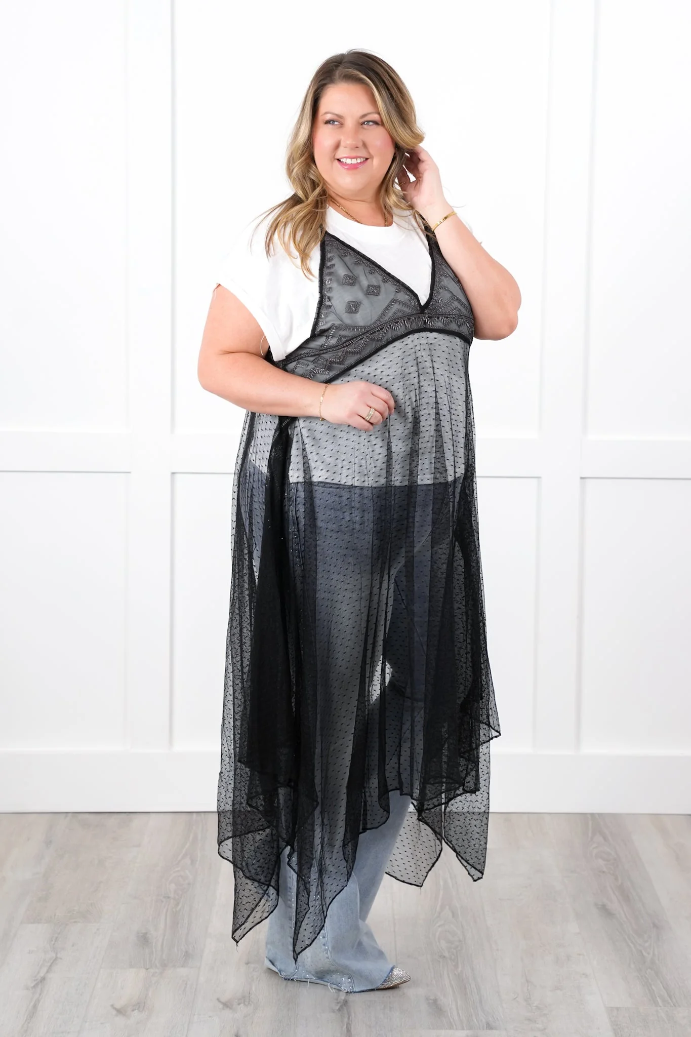 Short Sleeve Layered Sheer Embroidered Maxi Top - Image 9