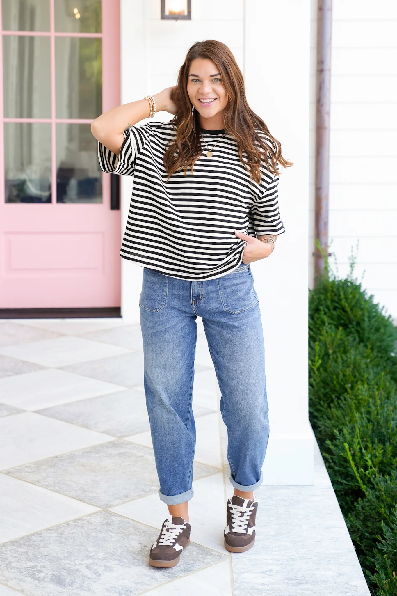 Stripe Short Raglan Sleeve Knit Top - Image 6