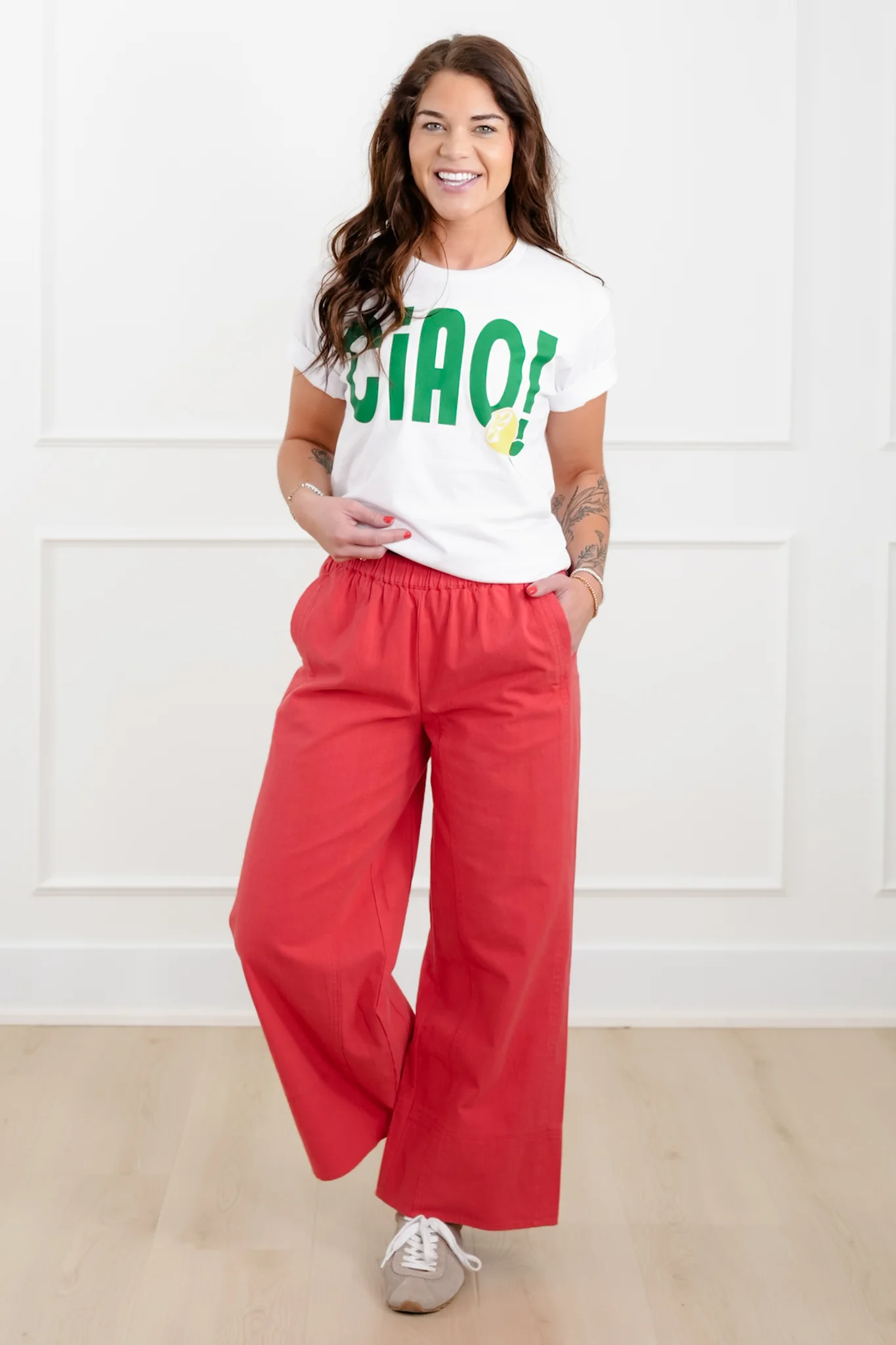Solid Color Elastic Waste Wide Leg Pants - Image 2