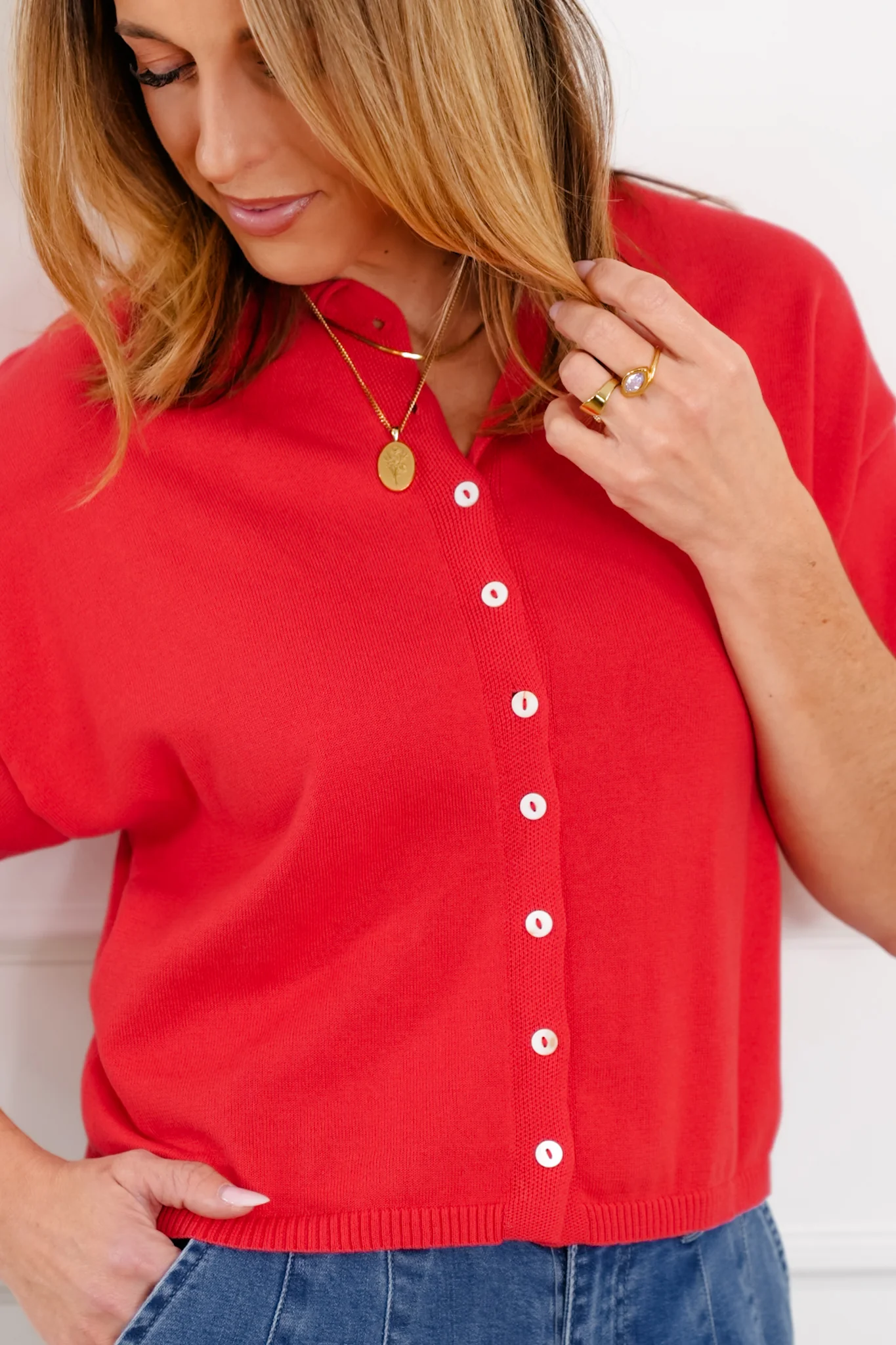 Solid Short Sleeve Button Down Cardigan - Image 5