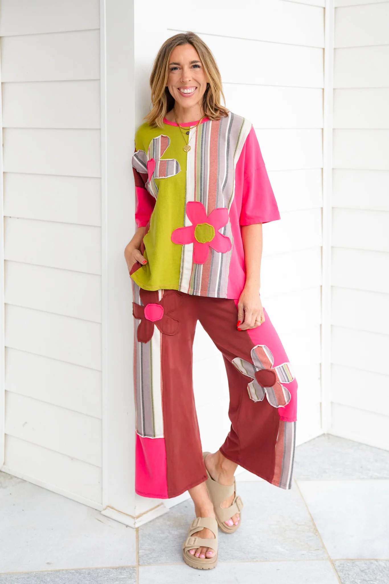 Stripe Flower Patch Elastic Waist Pants - Image 4