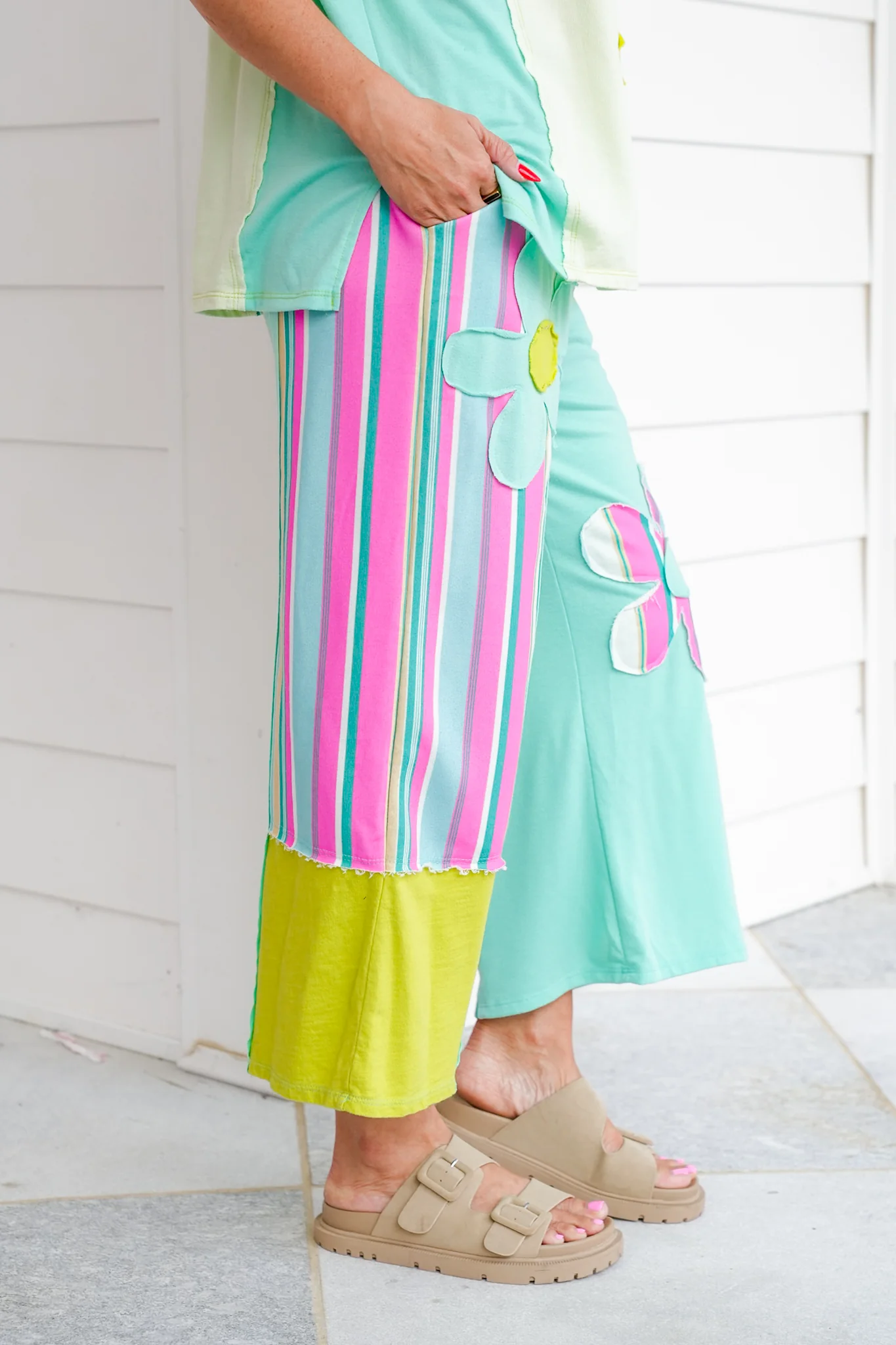 Stripe Flower Patch Elastic Waist Pants - Image 5