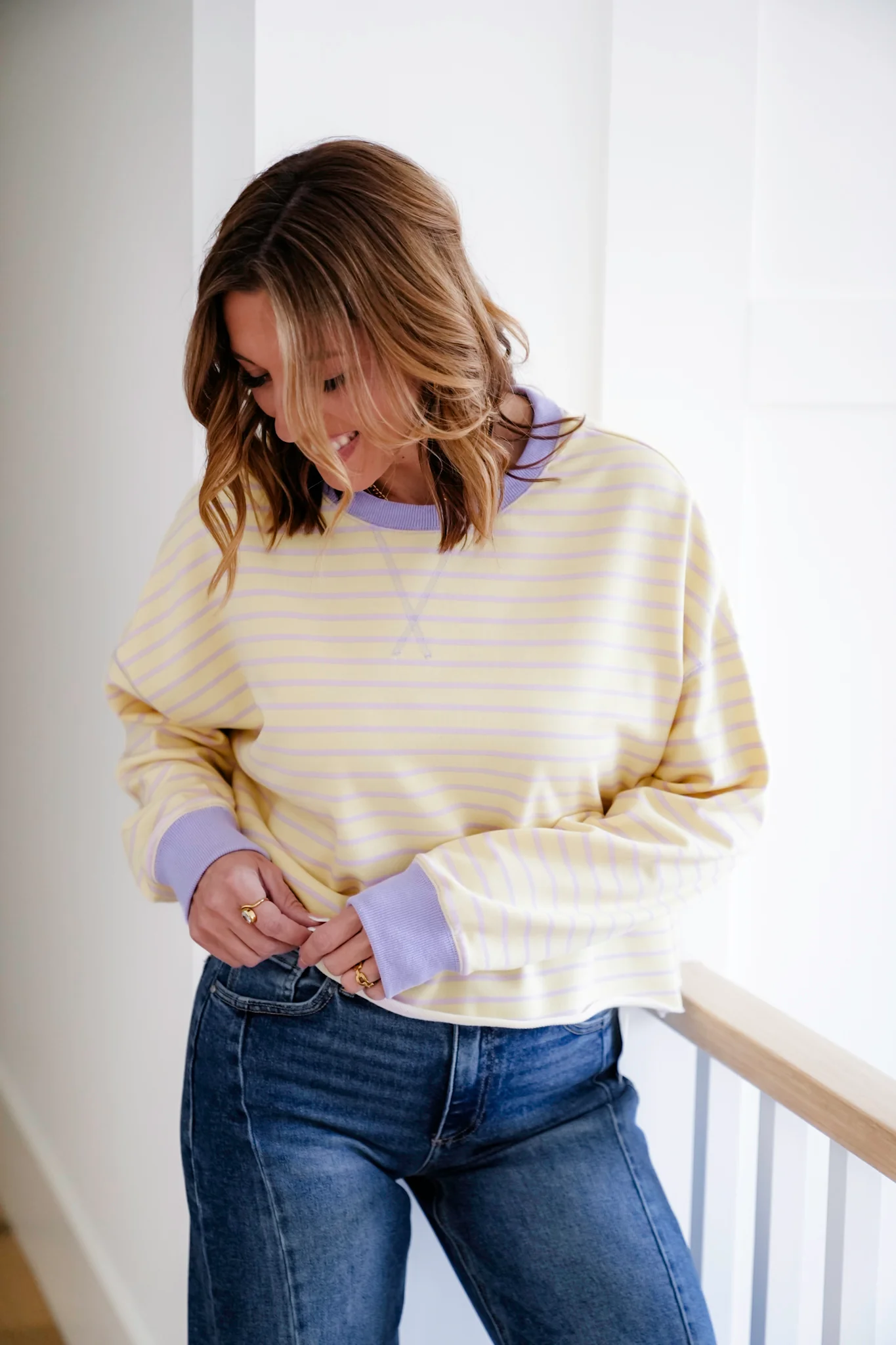 Stripe French Terry Long Sleeve Pullover Crop Top - Image 3