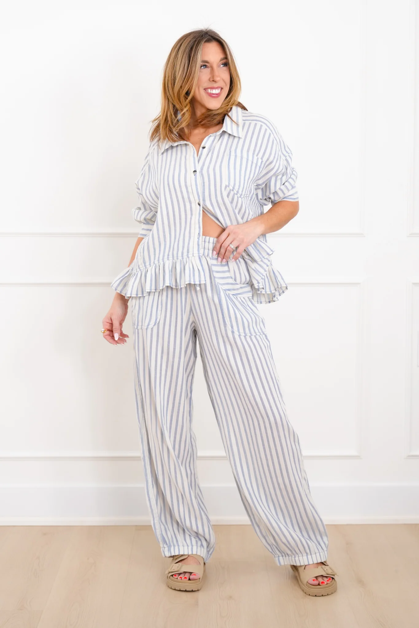 Stripe Linen Blend Elastic Waist Jogger Pants - Image 4