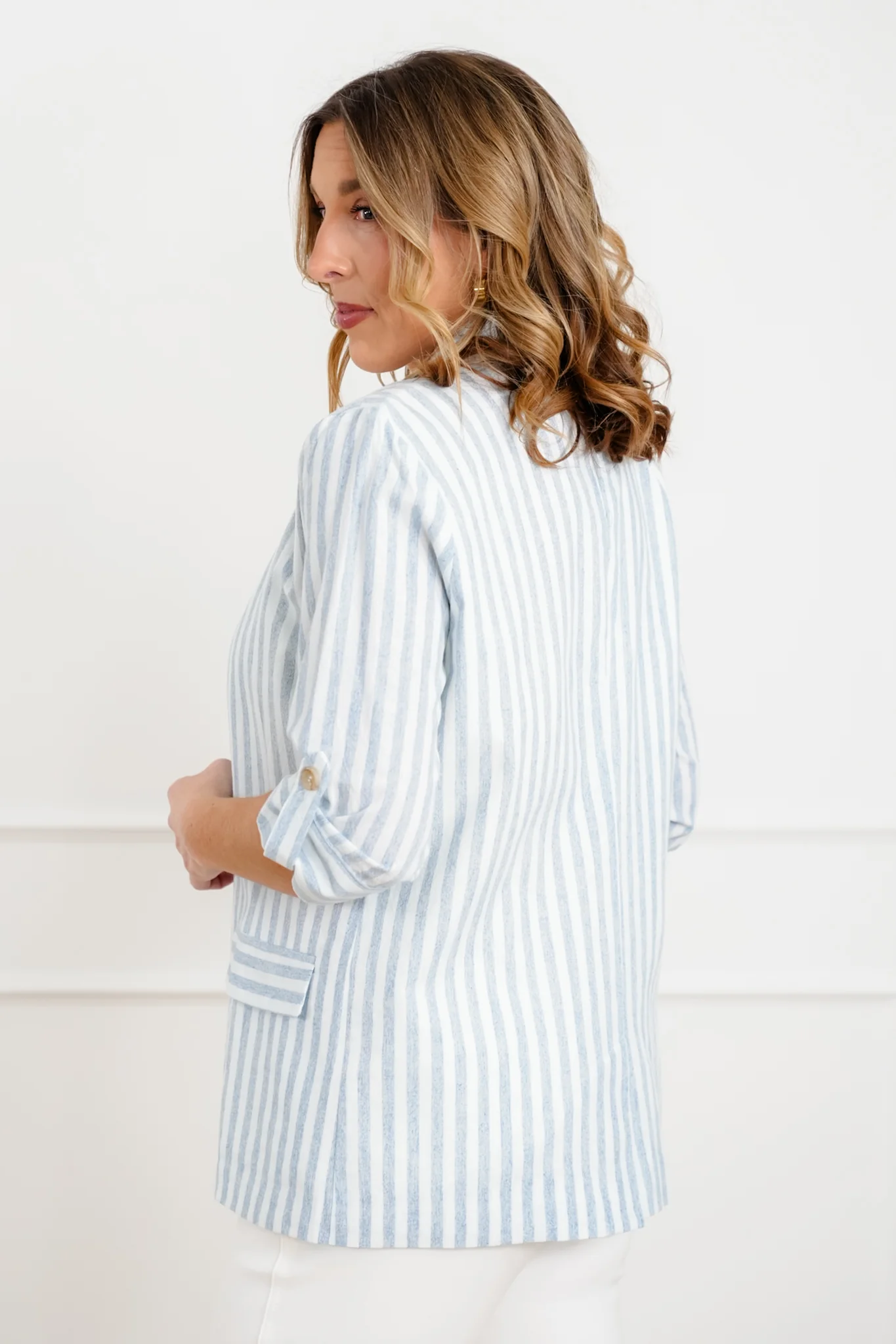 Stripe Linen Blend Long Sleeve Blazer - Image 4