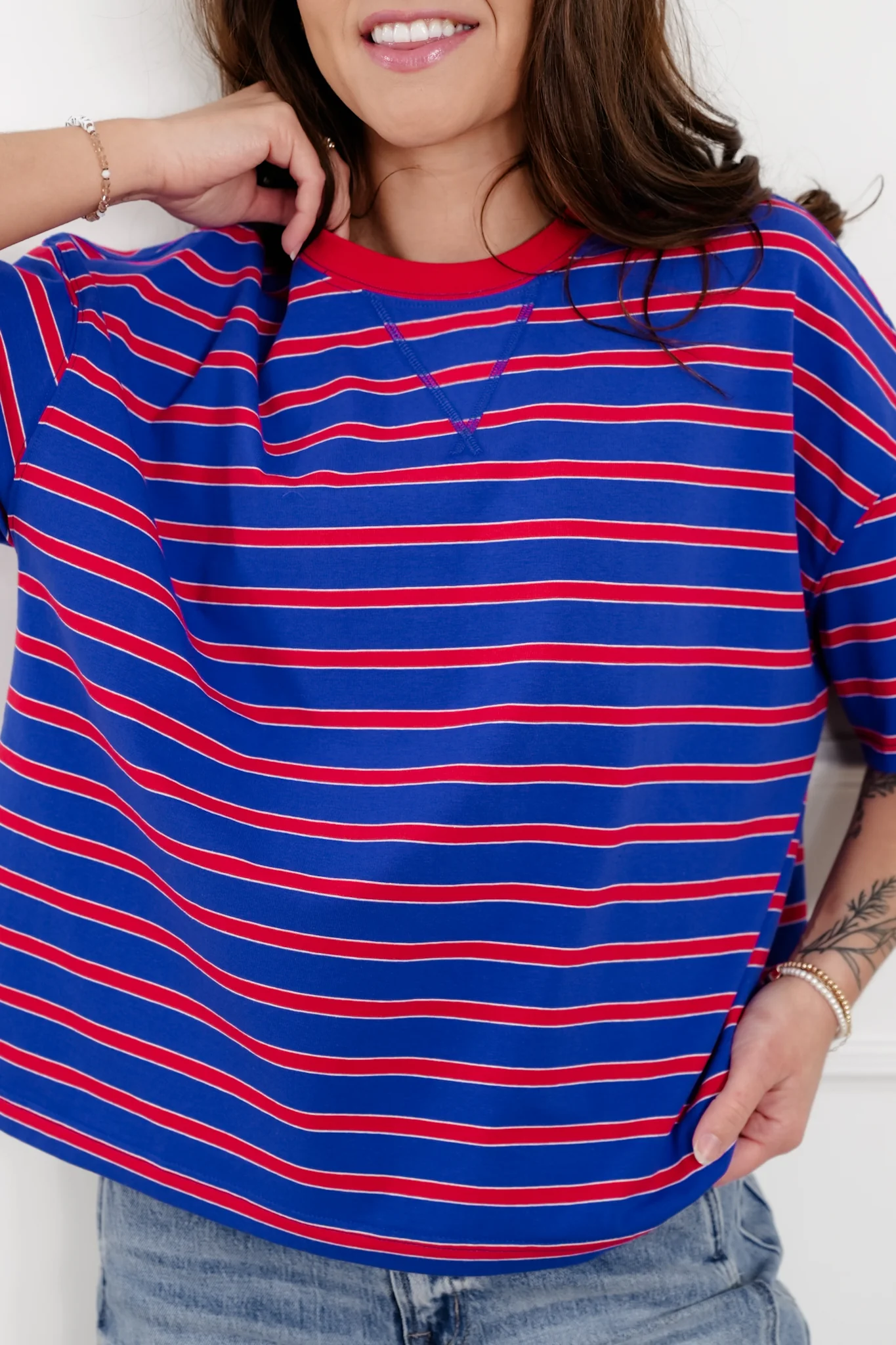 Stripe Short Sleeve Crew Neck Knit Top - Image 2