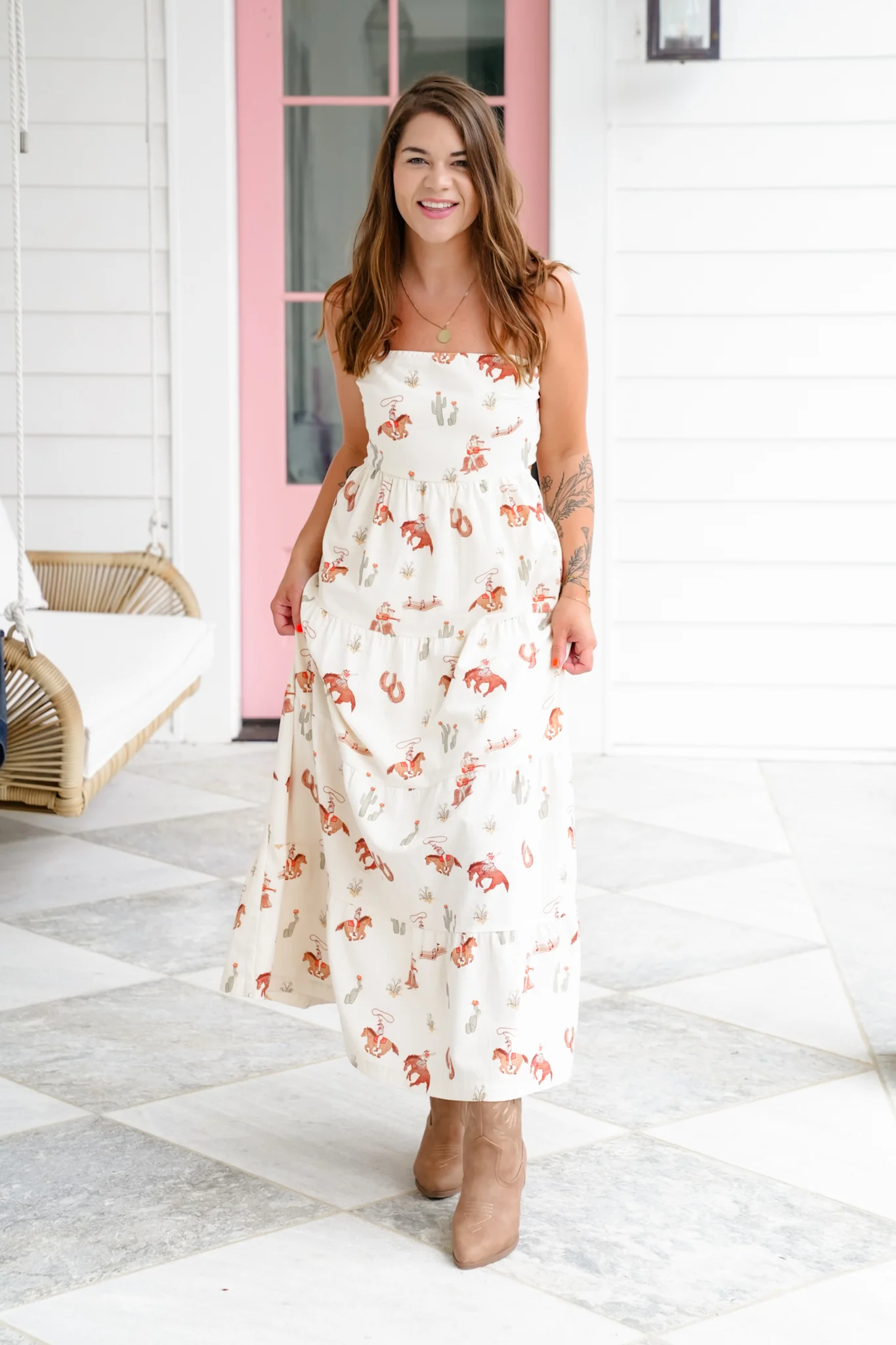 Western Print Strapless Tiered Dress - Image 3