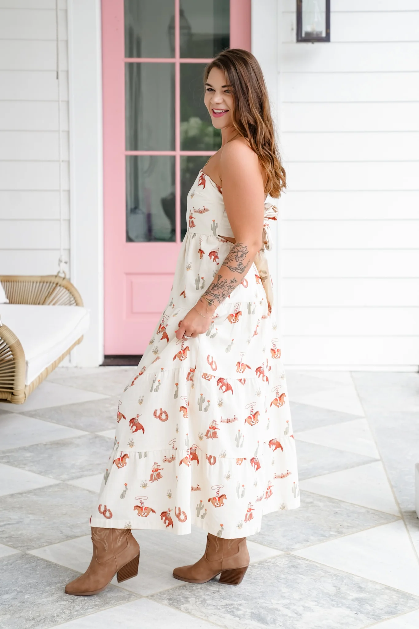 Western Print Strapless Tiered Dress - Image 4