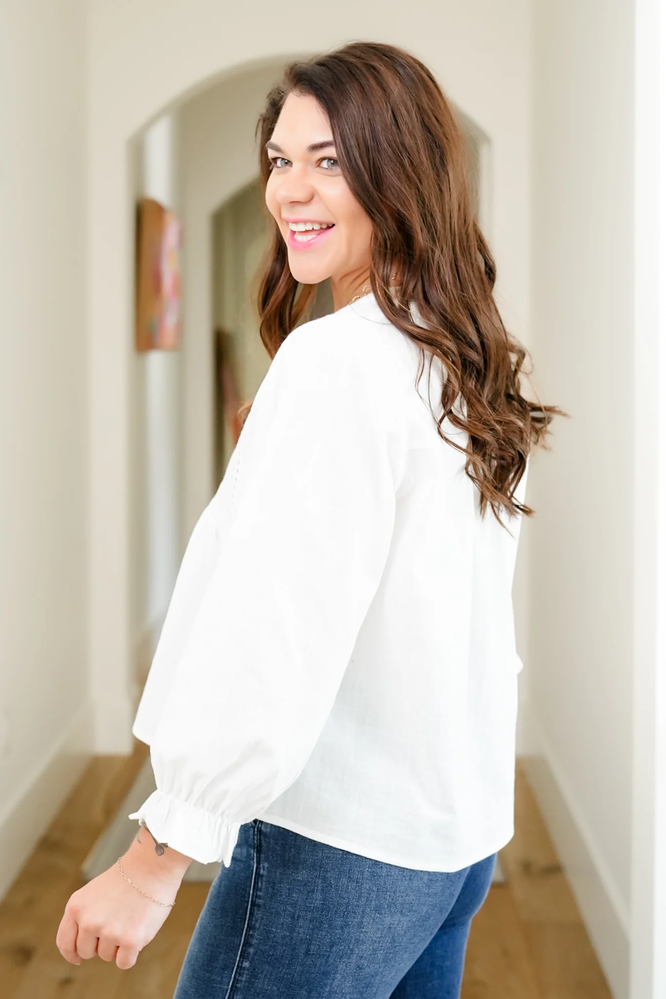 White Eyelet 3/4 Sleeve V Neck Blouse - Image 3