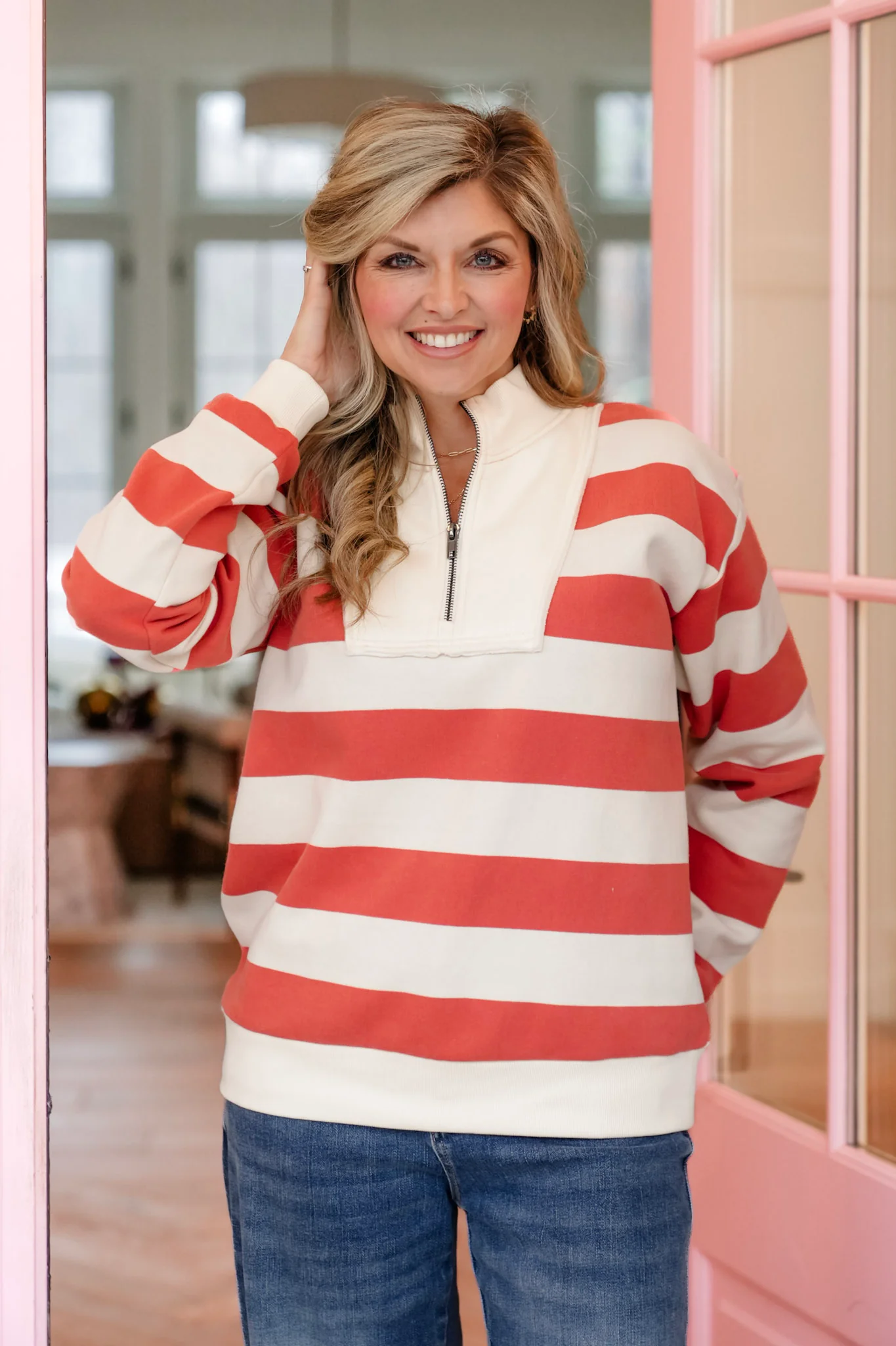 Wide Stripe Long Sleeve Half Zip Up Sweatshirt - Image 8
